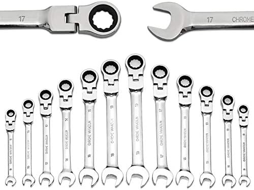 Yashong 12-Piece 8-19mm Metric Flex-Head Ratcheting Wrench Set, Professional Chrome Vanadium Steel Ratchet Wrenches, Combination Ended Spanner Kit with Portable Suspended Canvas Bag