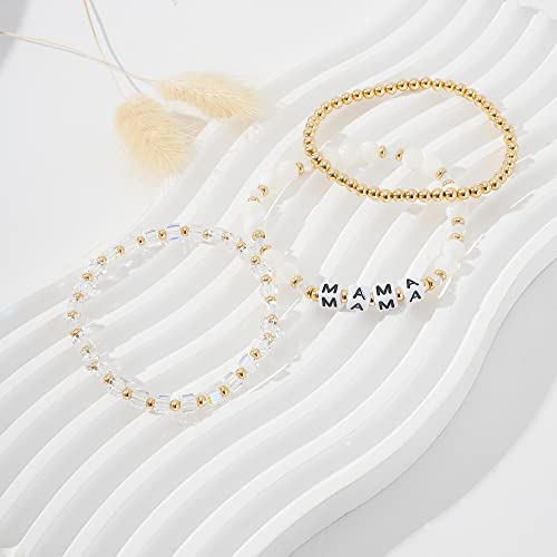 MAMA Bracelet Dainty Gold Crystal Beaded Bracelets Set for Women Stackable 14K Gold Plated Beads Nature Stone Layered Stretch Bracelets Mother's Day Gifts for Mom Grandmom3