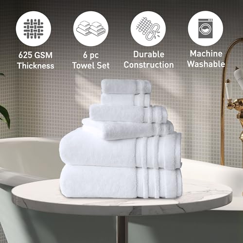 Image of MYTRIDENT Finesse 6 Piece Towel Set (2 Pc Bath Towels, 2 Pc Hand Towels, 2 Pc Face Towels), 625 GSM, Zero-Twist, Luxuriously Soft, 100% Cotton - White