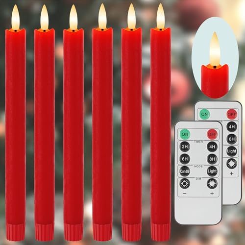 Image of Red Flameless Taper Candles 9.6 inch Christmas LED Candles Real Wax with Remote Timer, Battery Operated LED Candles Set with 3D Flickering Flame, Classic Flickering Candlesticks for Home, Party, 6 Pack