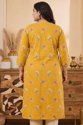 Image of Mustard Yellow Pure Cotton Floral Printed Straight Kurti for Women | Comfortable Ethnic Kurta | 3 /4 Sleeve Round Neck Plus Size Kurti