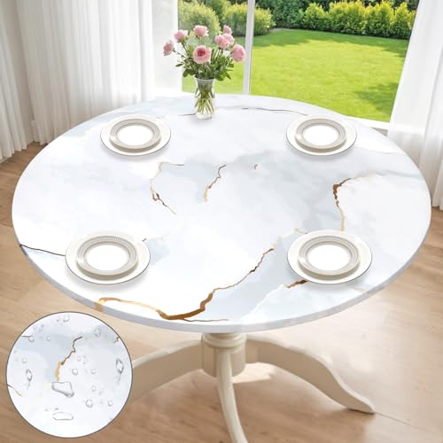 Dremisland Waterproof Round Tablecloth with Elastic Edged 150CM White Marble Table Cover Outdoor Garden Table Cloth Wipeable Table Protector Cover for Dinner Kitchen Party Tabletop