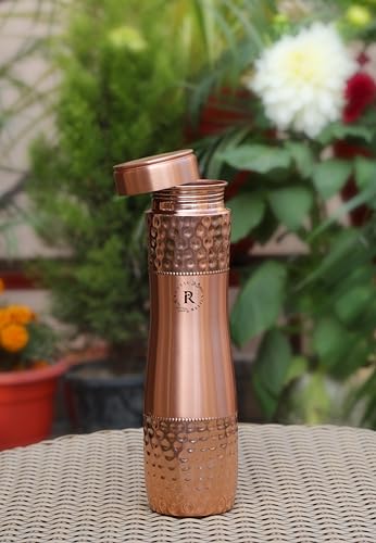 Image of Pure Copper Water Bottle - 1L Hand Made | Hammered Pattern Bottle With Leak-Proof Lid | Ayurvedic Bottle For Health Benefits | Non-Toxic Metal Made | Everyday Healthy Drinkware