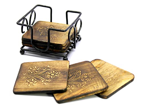 Image of StonKraft Wooden Tea Coffee Coasters /Rustic Vintage Look Coasters Set with Wrought Iron Holder