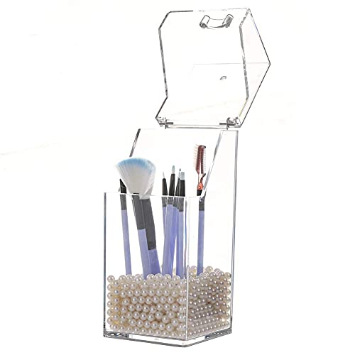 Image of Sooyee Makeup Brush Holder,Makeup Brush Organizer with 8mm White Pearls,Dustproof Makeup Brush holder with Lid
