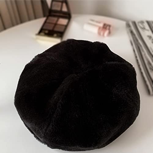 Xyiyi Winter Black Faux Fur Furry Beret Hats Fluffy Fuzzy Warm French Beret For Women Girls #TOP3