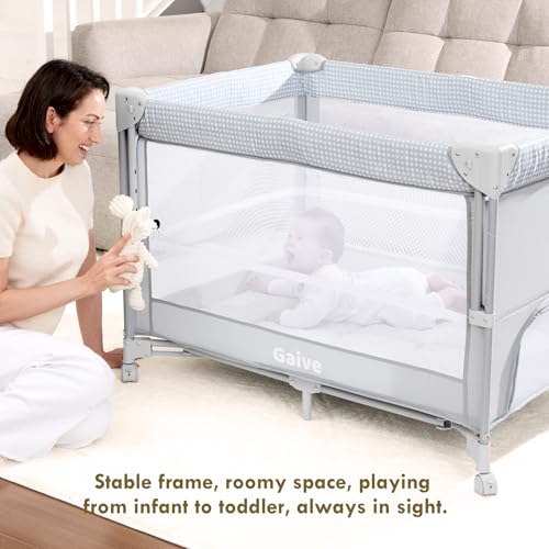Image of GAIVE Baby Bassinet Bedside Crib, Pack and Play with Mattress, Diaper Changer, One-Push Setup Playards from Infants to Toddlers (Grey)