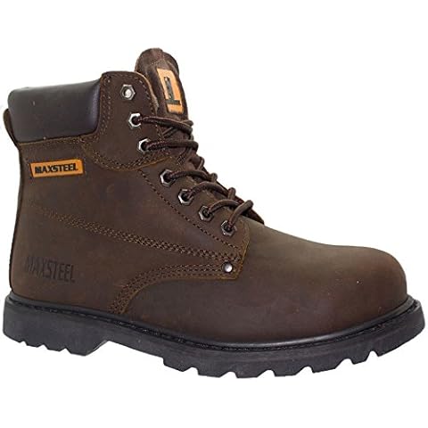 Mens MAXSTEEL Work Safety Shoes Leather Boots Steel Toe Cap Ankle Boots Shoes Trainers (UK 9) Brown Cover