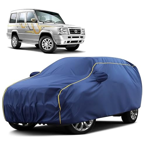 Image of Sulfar 100% Water Resistant Car Body Cover Compatible with Mirror for Tata Sumo Victa (Triple Stitched, Full Bottom Elastic, Blue Taffeta with Yellow Piping)