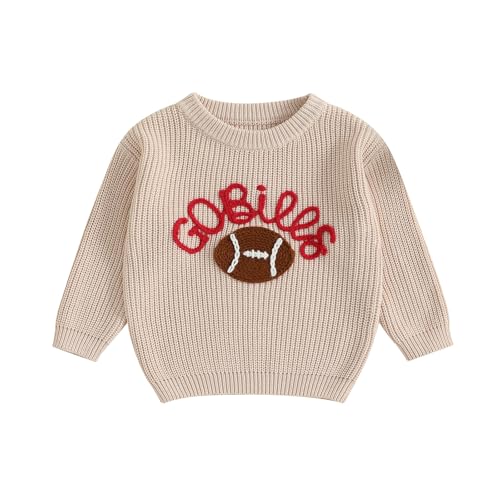 KMBANGI Newborn Toddler Boy Girl Football Sweater Embroidery Pullover Knitwear Game Day Warm Sweatshirt Fall Winter Clothes (Khaki 3-6 Months)