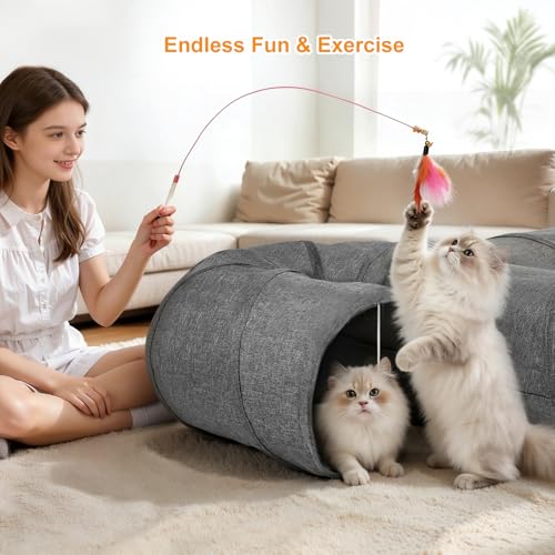 Image of Ownpets Cat Tunnel 12 Inches in Diameter Larger Pet Tunnel Tube with Plush Ball & Feather Toy, U-Shaped Cat Play Tunnel for Big Cat, Puppy and Rabbits
