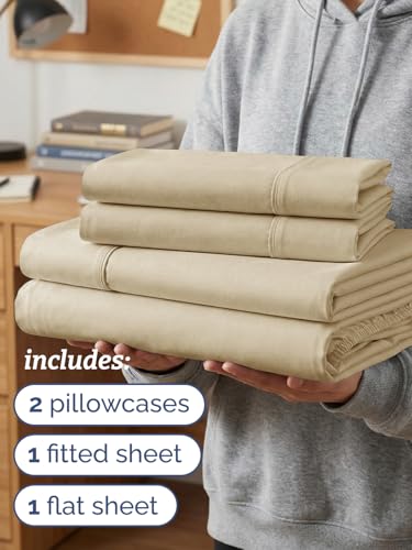 Image of Twin XL 4 Piece Sheet Set - College Dorm Room Essentials - Beige | Ultra Soft Dorm Bedding Set, 8 inch to 16 inch Inch Deep Pockets, 1 Flat & 1 Fitted Sheet & 2 Pillowcases, Wrinkle & Fade Free