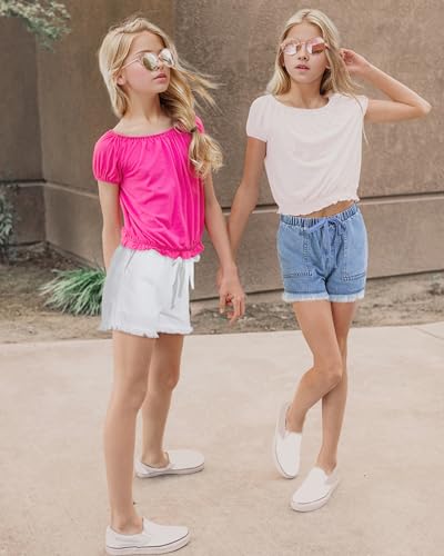 Image of BOOPH Girls Jean Shorts Denim Elastic Waist Drawstring Short for Teen Girl