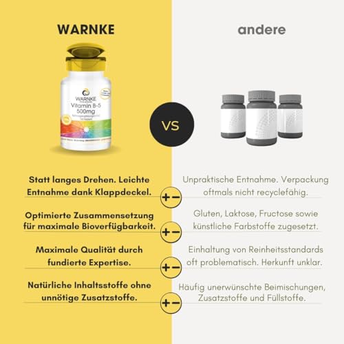 Vitamin B5 500 mg - 100 Kapseln Pantothensäure, Hochdosiert, Vegan | Warnke Vitalstoffe - Deutsche Apothekenqualität