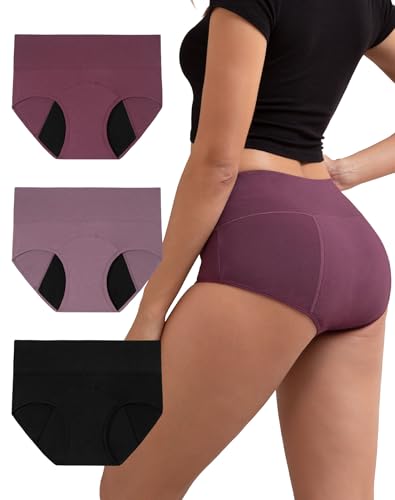 INNERSY Braga Menstrual Mujer Algodon Braguitas Menstruales Talle Alto Culotte Lavables Pack de 3 (L, Negro+Morado+Morado Claro)