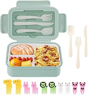 WEAFRICTCH Bento Box, Lunch Box for Adults & Kids, 1400ml Leakproof Lunchbox with 3 Compartments and Cutlery, Reusable Sandwich Box Food Container, Microwave and Dishwasher Safe (Green Lunch Box)