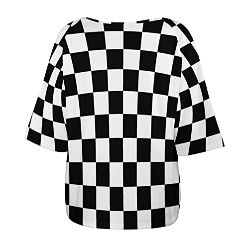 Black White Race Checkered Flag Pattern Womens Tops Sexy Off Shoulder Shirts Casual Short Sleeve T-Shirt4