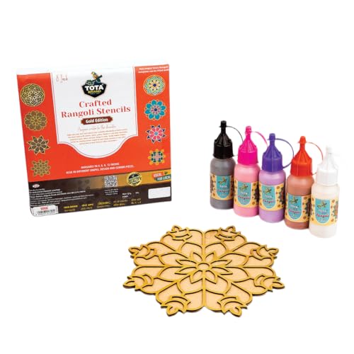 Image of TOTA Rangoli Stencil Corner - Set of 5 Rangoli Colour Bottles + 1 MDF Stencils | 8 X8 inch | Reusable 3D Rangoli for Diwali Home Decoration Navratri Pongal Onam Puja