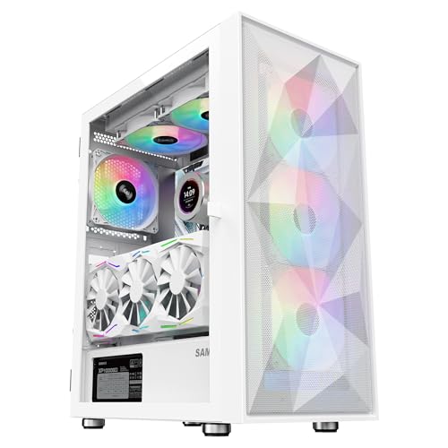 Gabinete PC SAMA 3509 Blanco Mid Tower ATX – Frente de Malla de Acero, Panel Lateral de Vidrio Templado Abatible, 4 Ventiladores ARGB Preinstalados, USB 3.0×2, Soporte para Enfriador Líquido AIO de 360 mm miniatura 1