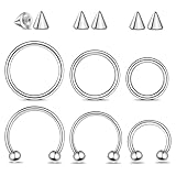 Yolev 12 anillos de herradura para tabique de 16 g, piercing de acero quirúrgico, joyería de 8 mm/10 mm/12 mm, segmento con bisagra, labio, ceja, daith, hélice, cartílago, plata