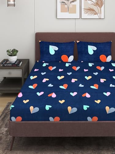 Image of ROMEE Elegant Floral Printed Glace Cotton Double Bedsheet, 144 TC Soft Feel, Flat Bedsheet Queen Size (90 x 100 Inches), with 2 Pillow Covers, Blue (BED527-A)