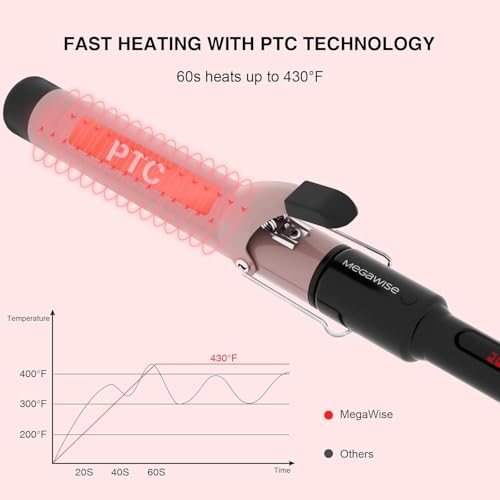 MEGAWISE Pro 1.25 Inch Ceramic Barrel Hair Curling Iron with 60s PTC Fast Heating, Anti-Scald Grip & Tip, Auto Shut Off, 360° Swivel Cord, 2 Clips & Heat-Resistant Glove Included by MEGAWISE - Used condition - Image 2