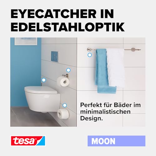 tesa MOON Klebehaken, verchromt, runde Form - Bad-Haken zur Wandbefestigung ohne Bohren, inkl. Klebelösung - 36 mm x 36 mm x 36 mm