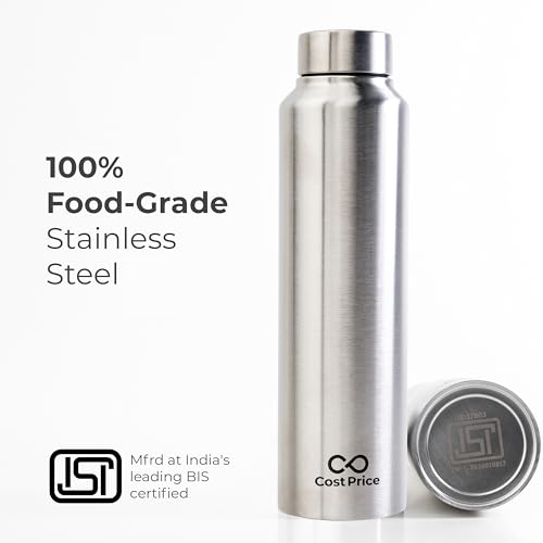 Image of Stainless Steel Water Bottle 1 litre | Food grade SS - 304 (BIS certified) | Water bottle for Office, Home, Kids and Outdoors | Light, Durable and Leak-proof | Single Wall (1)