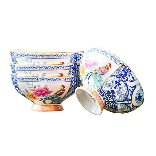 PANAOAHU Small Dessert Bowl Set of 4, 4.5 Inch Bone China Bowls with Vintage Floral & Chinese Style, Versatile for Ice Cream, Fruit, Snacks, Side Dishes