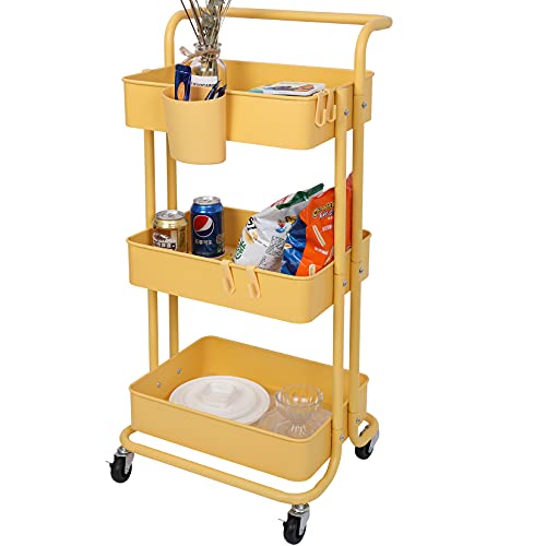 AYVANBER Rollwagen mit 3 Etagen, aus Metall, multifunktionaler Netzkorb, Aufbewahrungsregale, Eisen-Trolley mit Griff und feststellbaren Rädern, strapazierfähig, groß, Badezimmer, Büro (gelb) Cover