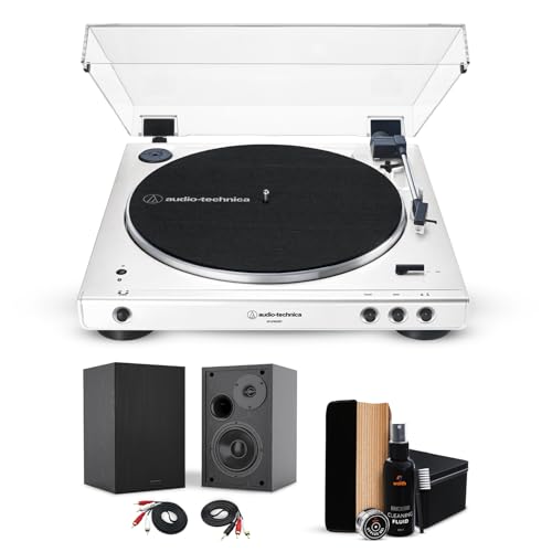 Audio-Technica AT-LP60XBT-WW Automatic Belt-Drive Turntable White - Wireless Stereo Turntable with 4-Inch Deep Bass Powered Bookshelf Speakers & Premium Vinyl Record Cleaner Kit, Essential Bundle Set