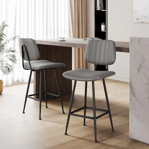 Image of Raynesys 24-Inch Leather Bar Stools Set of 4 with High Backrest, Grey