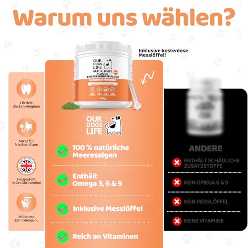 Plaque Off Pulver für Hunde 500g | Natürliche Zahnreinigung | Zahnstein Entferner & Atem Erfrischer | 100% Natürlich | DogsLife