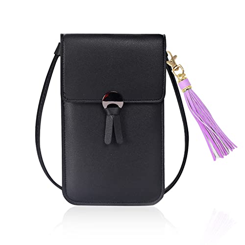 PFLYPF 1 portatarjetas y 1 colgante pompón, bolso mensajero de moda, bolso de hombro retro, bolso para teléfono con pantalla táctil, billetera pequeña, señoras (negro), Negro , Talla única