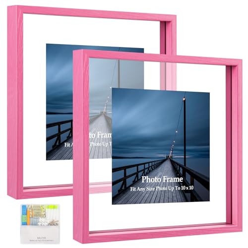 MUYE 10x10 Floating Frame Set of 2,Double Real Glass Square Photo Frame,Display Any Size Photo up to 10x10,Wall Mount or Tabletop Standing,Pink
