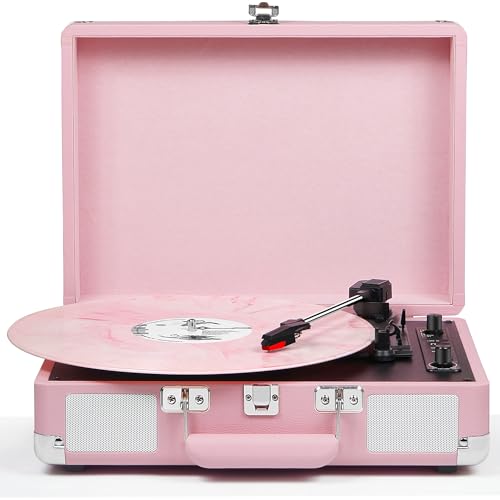 Vinyl Record Player Bluetooth 3-Speed Portable Suitcase Turntable with Built-in Speakers, USB Recording Vinyl to MP3, RCA, AUX & Headphone Output Pink
