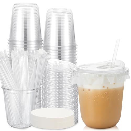 Ziliny 50 Pack 12 oz Clear Plastic Cups with Lids and Straws Includes Paper Lid Liners Disposable Crystal Iced Coffee Cups with Lids for Coffee Smoothie Milkshake Cold Drinks (clear)