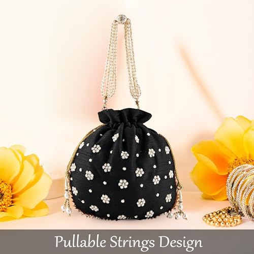 Image of Kuber Industries Potli Bags for Ladies & Girls | Women Shagun Pouches for Festive Seasons | Batwa Bag Bridal Purse With Moti Design - Black