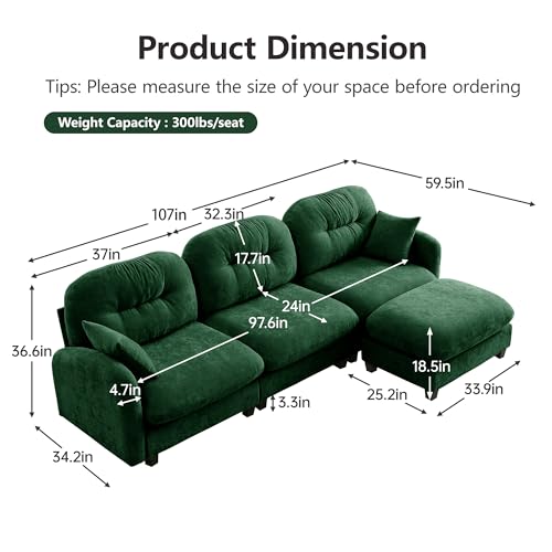 Image of KEIKI 107 inch L-Shaped Oversized Chenille Modular Sectional Sofa with 1 Ottoman, High-Density Foam Cushions, Tufted Pleated Cushion Backrest, Modern 3-Seater Couch with 2 Pillow, for Living Room, Green
