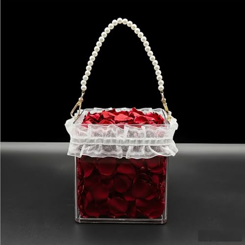 Clear Flower Girl Basket with Pearl Handle Acrylic Wedding Flower Girl Basket Petals Basket with Lace Decorative Flower Holder Container for Confetti (White-4.7 x 4.7 inch)