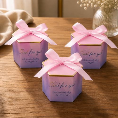 Image of SATYAM KRAFT Pack of 50 Decorative Paper Gift Boxes with Ribbon | Premium Gift Packaging Box for Chocolates, Return Gifts, Wedding & Festive Hampers (Pink)