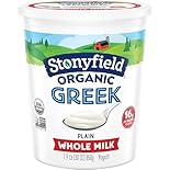 One 30 oz container of Stonyfield Organic Plain Greek Whole Milk Yogurt Full-fat Greek yogurt is packed with 14g of protein per serving to provide the fuel you need to get through the day Made with simple, wholesome ingredients, including live and ac...