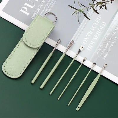 Flavoma Ear Wax Cleaner 6pcs | Resuable Ear Cleaner Tool Set with Storage Leather Pouch | Ear Wax Remover Tool Kit with Stainless Steel Ear Curette Cleaner and Spring Ear Buds Cleaner | Painless Ear Pick - 6 (green Color) 2