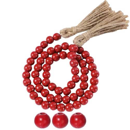 Equsion Seasonal Wooden Bead Garland with Tassels 3.3 ft Holiday Vintage Boho Bead Garland Easter Tray Decoration Vase Wall Room Art Birthday Party Decoration(Deep Red)