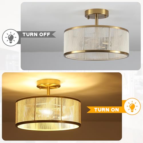 Image of Modern Semi Flush Mount Ceiling Light, 3 Light Gold Ceiling Light with Rope Shade, Drum Light Fixture for Kitchen Bedroom Dining Room Hallway Entryway