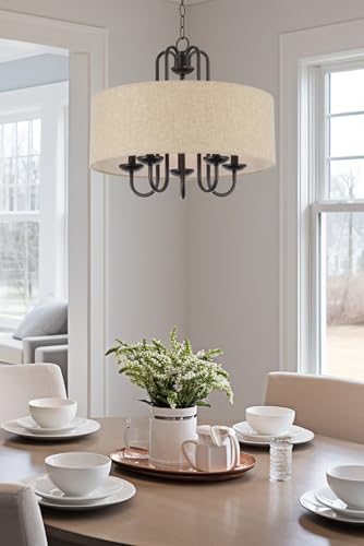 Image of Kira Home Gwenyth 20 inch Modern Farmhouse 5-Light Drum Chandelier with Oatmeal Linen Shade, Rustic Arched Metal Hanging Fixture, Oil Rubbed Bronze Finish