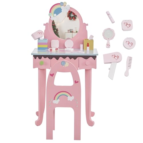 Image of Princess Vanity Table with Lights,Princess Makeup Vanity Desk with Storage Drawer, 2 in 1 Vanity Table & Chair Set with Mirror for Girls (Style 2-Pink)