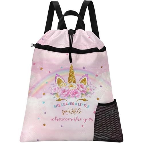 Britown Mochila de unicórnio rosa brilhante com cordão, 38 cm x 43 cm, bolsa de natação impermeável para praia, piscina, bolsa de ginástica leve e dobrável com suporte para garrafa de água para