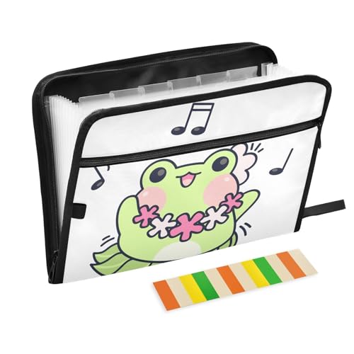 SoreSore ドキュメントファイル A4 大容量 13ポケット カエル アロハ 蛙 音符 ホワイト ファイル整理 収納バッグ 書類ケース 仕分け 前ファスナー付き