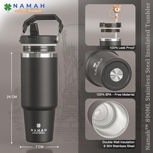 Image of Namah 890ml Insulated Tumbler with Straw, Lid & Top Handel, Leak Proof Stainless Steel Sipper Bottle, Insulated Tumbler Bottle for Hot & Cold Drinks, Travel Mug for Office, Gym, Car Cup Holder